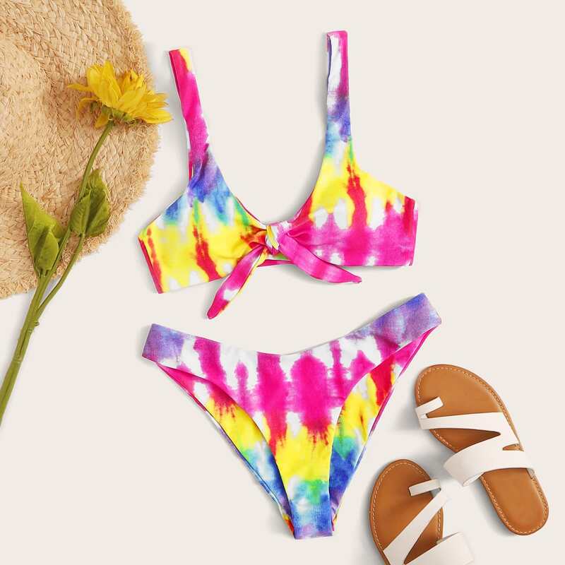 

Random Tie Dye Tie Front Bikini Swimsuit, Multicolor