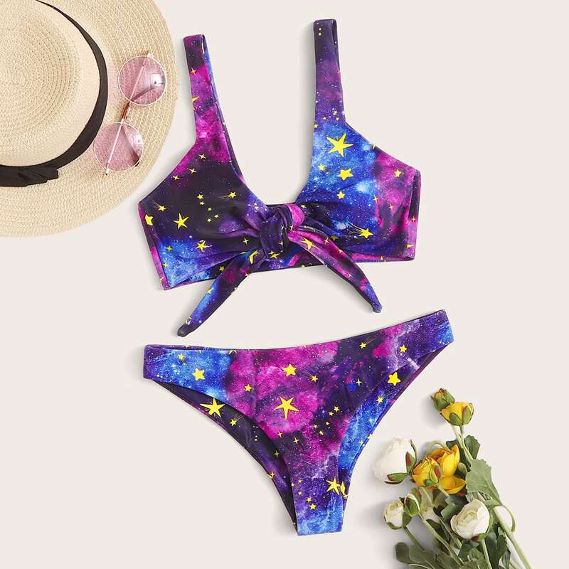 

Galaxy Print Tie Front Bikini Swimsuit, Multicolor