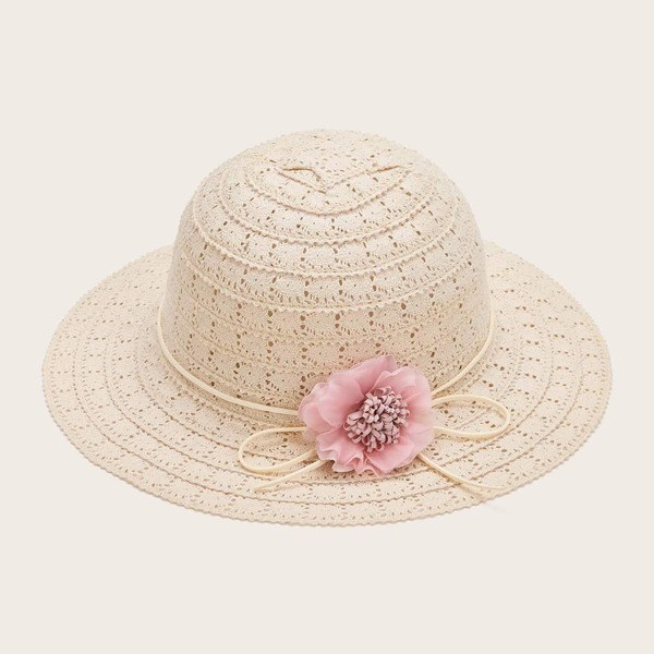 

Girls Flower Decor Straw Hat, Beige