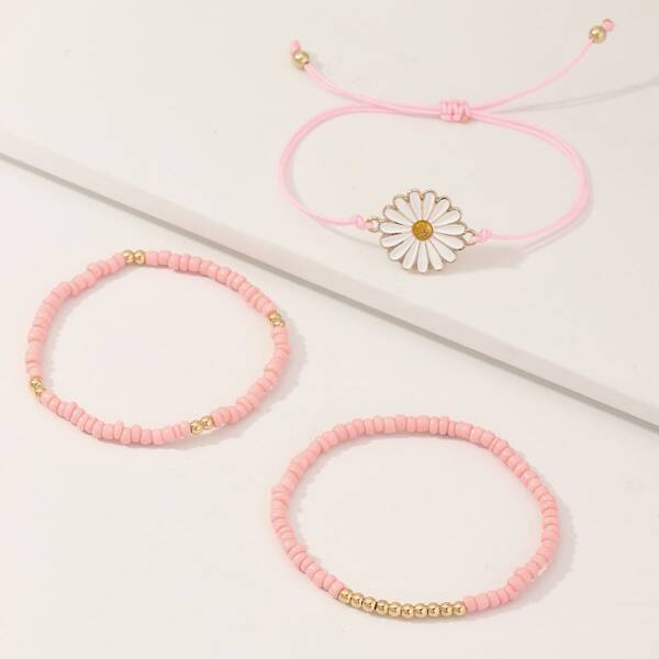 

3pcs Toddler Girls Seed Beaded Flower Decor Bracelet, Pink