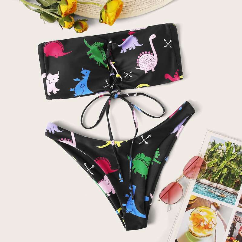 

Random Dinosaur Lace-Up Bandeau High Cut Bikini Swimsuit, Multicolor