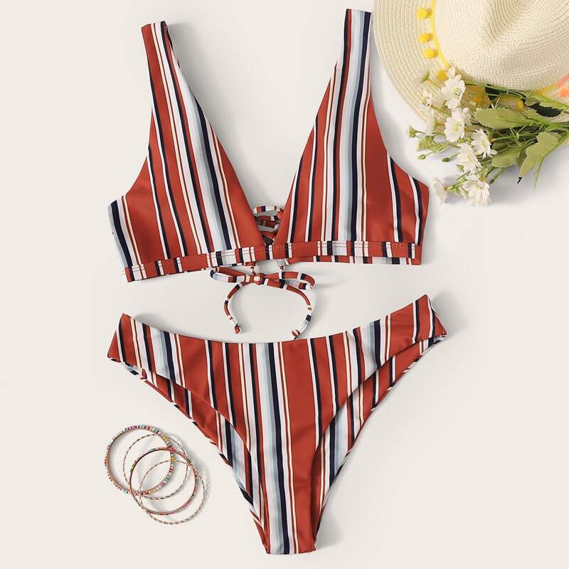 

Striped Tie Back Bikini Swimsuit, Multicolor