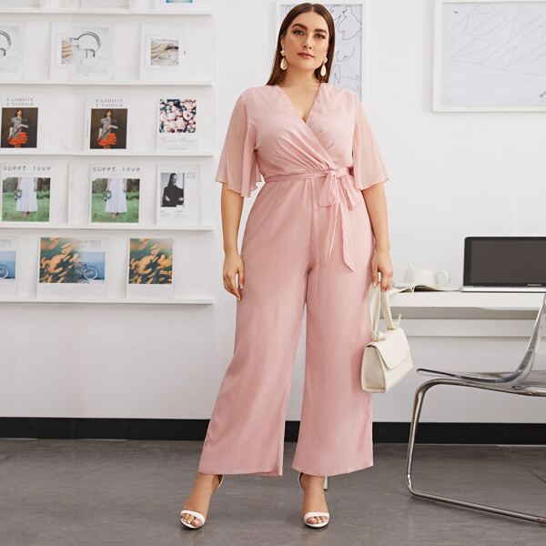 

Plus Surplice Neck Self Belted Wide Leg Jumpsuit, Pastel pink