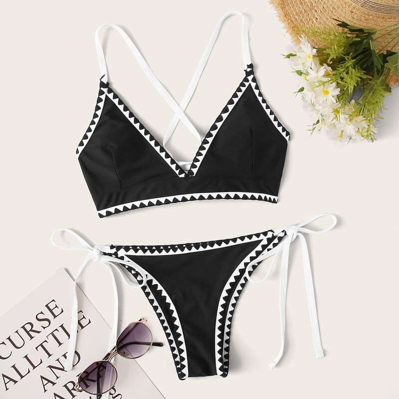 

Whip Stitch Criss Cross Tie Side Bikini Swimsuit, Black