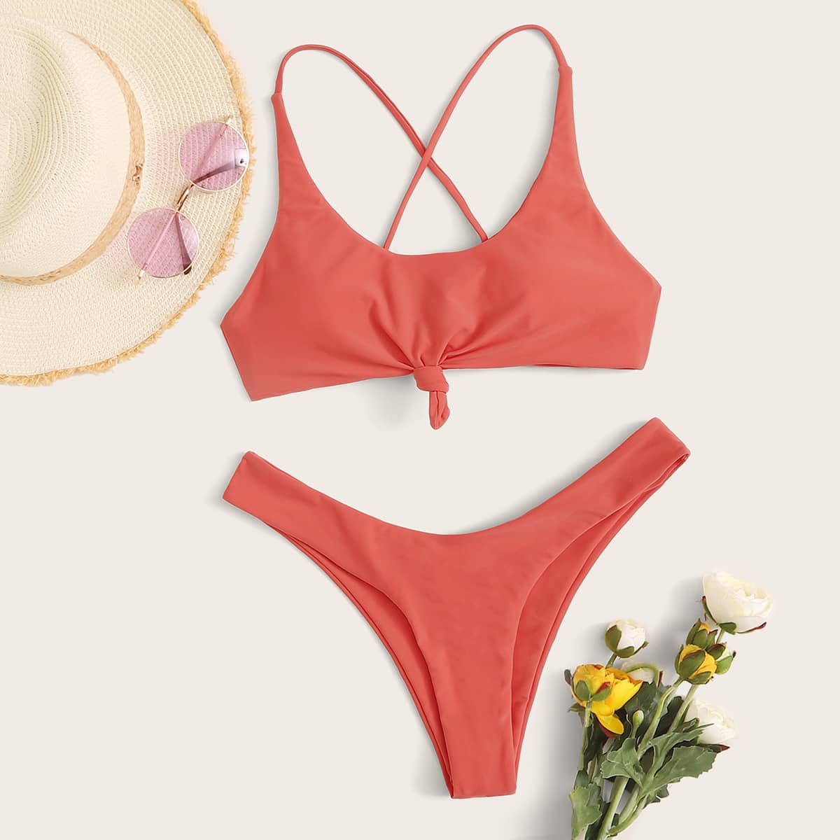 

Knot Front High Cut Bikini Swimsuit, Red