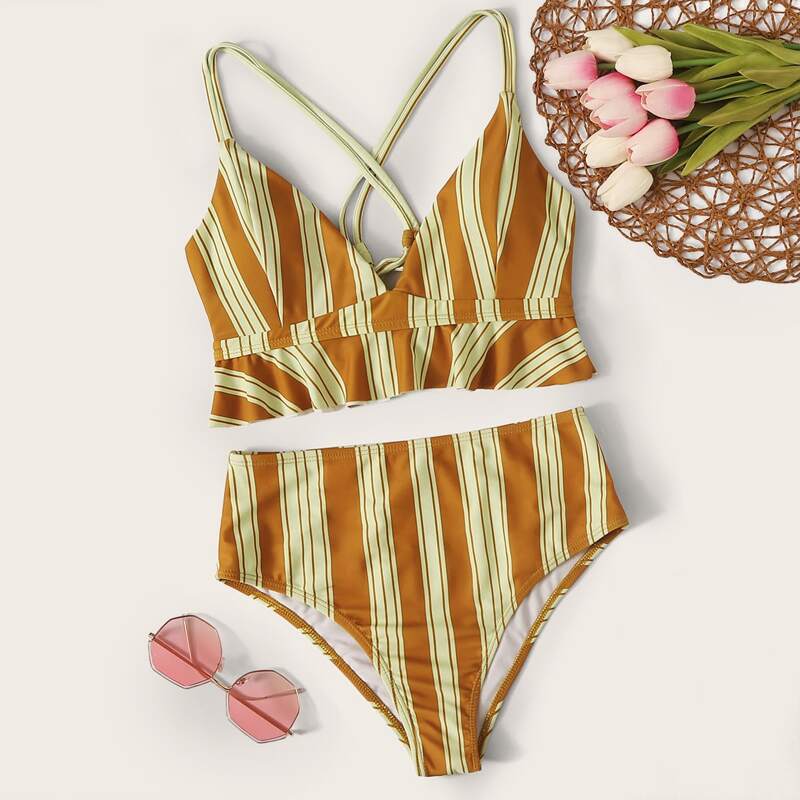 

Striped Criss Cross Tie Back High Waist Bikini Swimsuit, Multicolor
