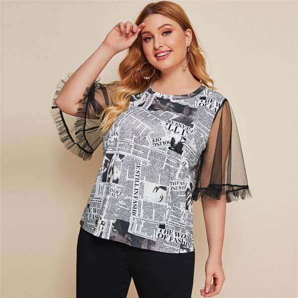 

Plus Sheer Mesh Sleeve Newspaper Print Tee, Black and white