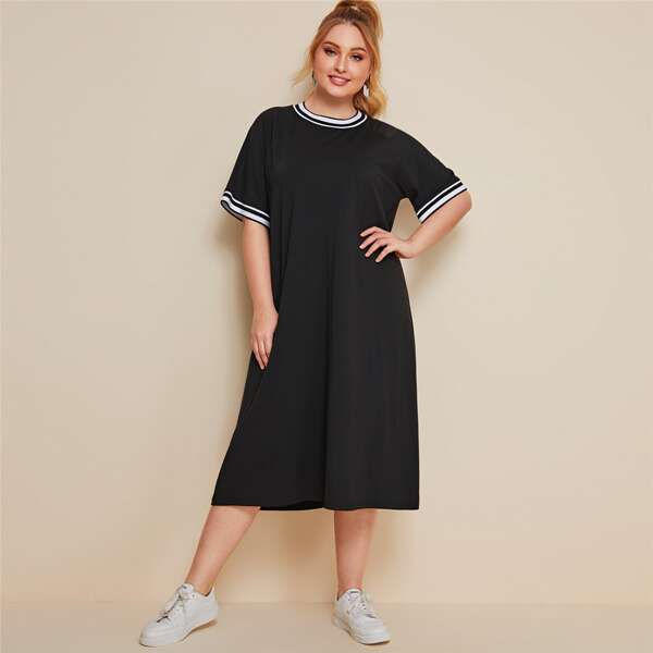 

Plus Striped Ringer Tee Dress, Black