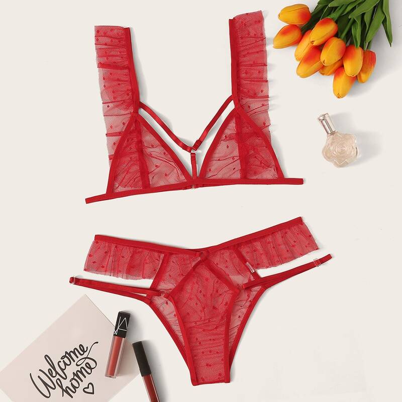 

Ruffle Trim Mesh Harness Lingerie Set, Red