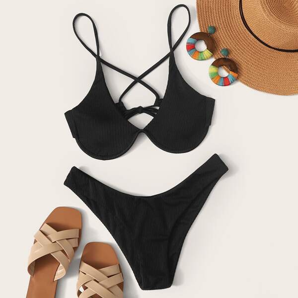 

Бикини с высоким разрезом на косточках в рубчик, Чёрный