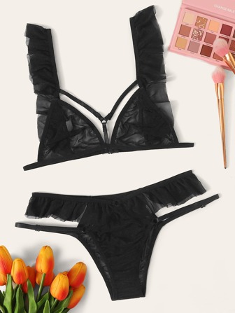 Set de lencería harness con malla ribete fruncido