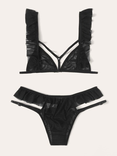 Set de lencería harness con malla ribete fruncido