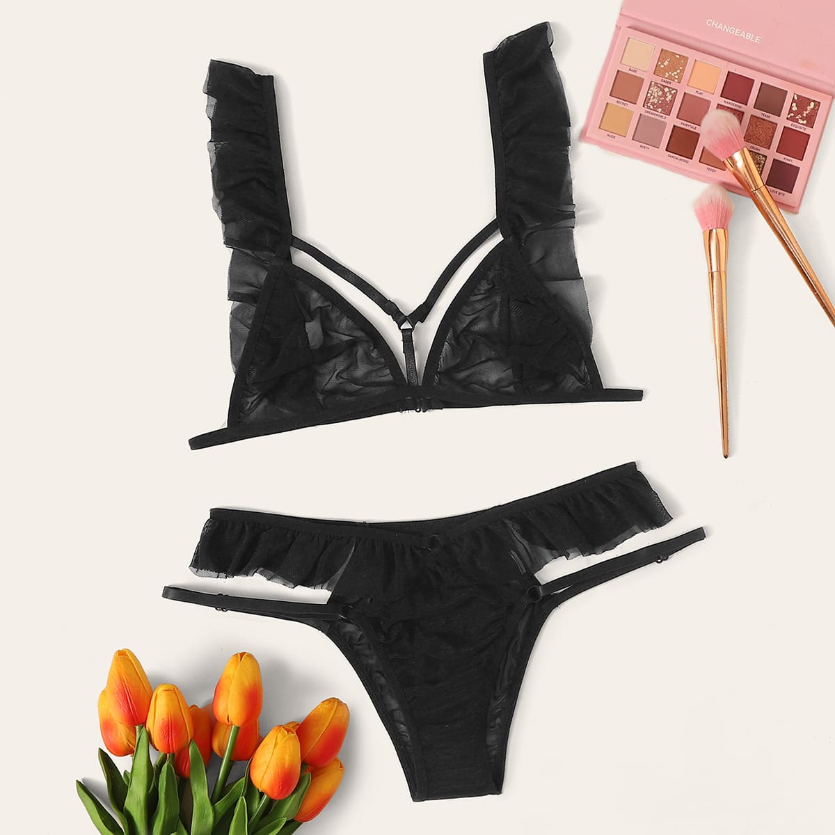 

Ruffle Trim Mesh Harness Lingerie Set, Black