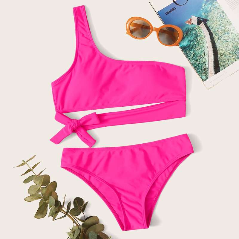 

Neon Pink Tie Front One Shoulder Bikini Swimsuit, Pink bright