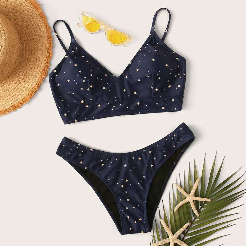 

Star Print High Cut Bikini Swimsuit, Navy blue
