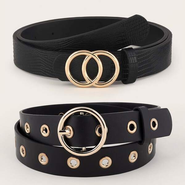 

2pcs Eyelet Decor PU Buckle Belt Set, Black