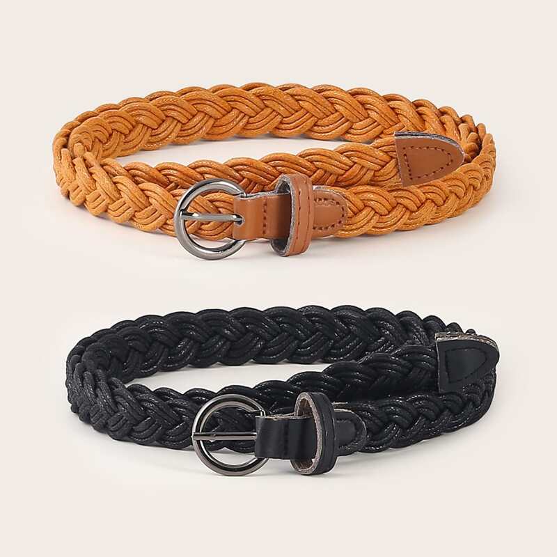 

2pcs Metal Buckle Woven Belt Set, Multicolor