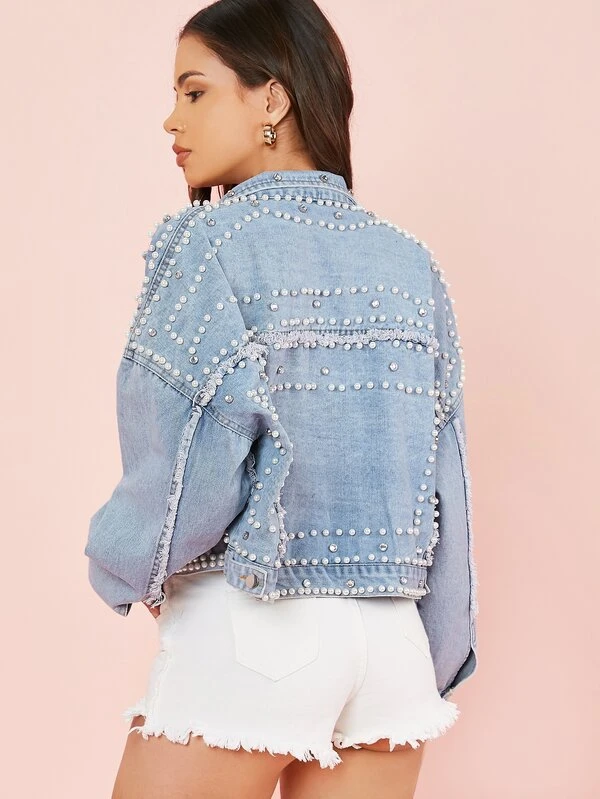 denim jacket with pearls and rhinestones