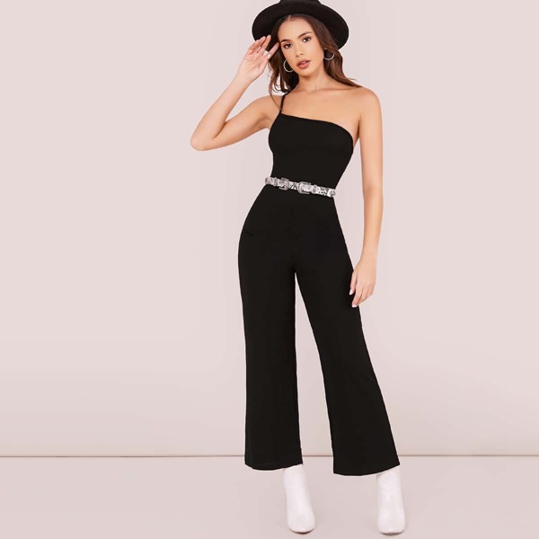 

One Shoulder Sleeveless Rib Knit Jumpsuit, Black