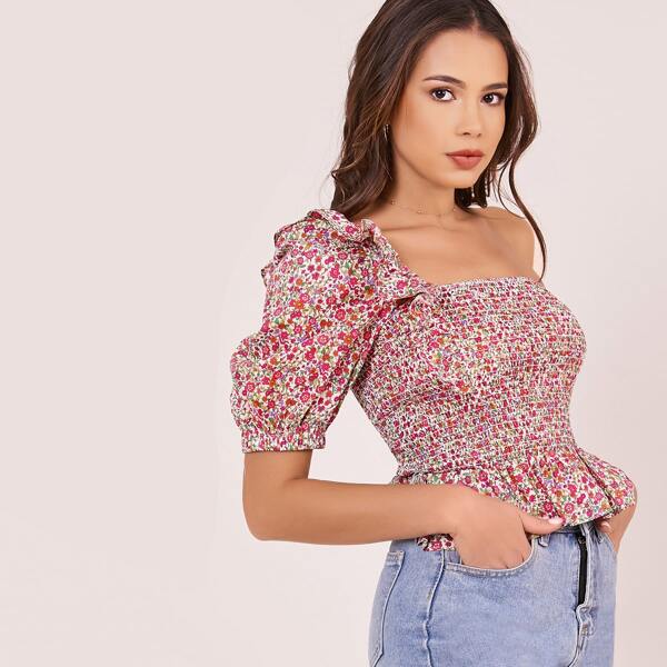 

Pleated Puff One Shoulder Floral Smocked Top, Multicolor
