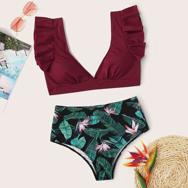 

Random Tropical Ruffle Trim Bikini Swimsuit, Multicolor