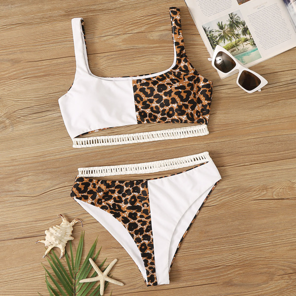 

Contrast Leopard Hollow Out Tape Bikini Swimsuit, Multicolor