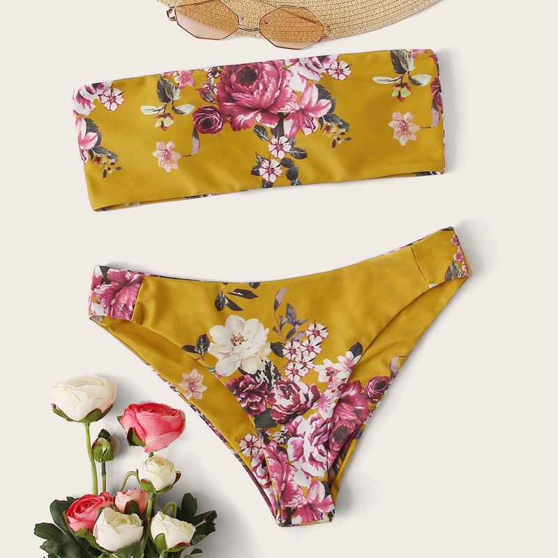 

Floral Print Bandeau Bikini Swimsuit, Multicolor