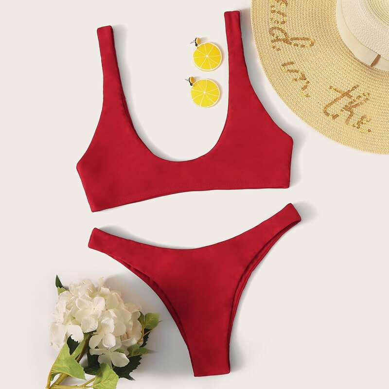 

Solid High Cut Bikini Swimsuit, Red