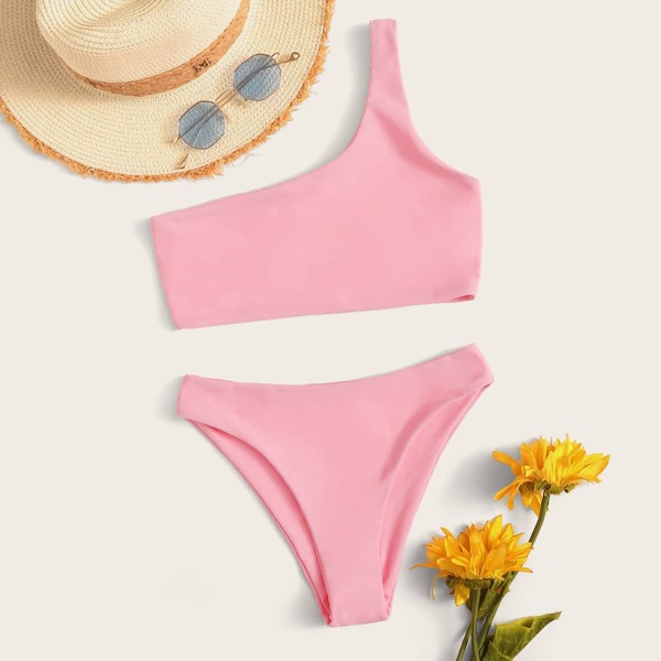 

One Shoulder Bikini Swimsuit, Pink