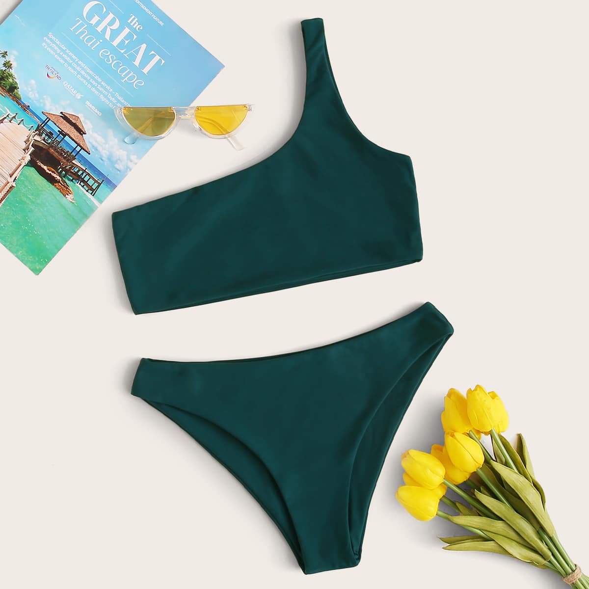 

Solid One Shoulder Bikini Swimsuit, Green