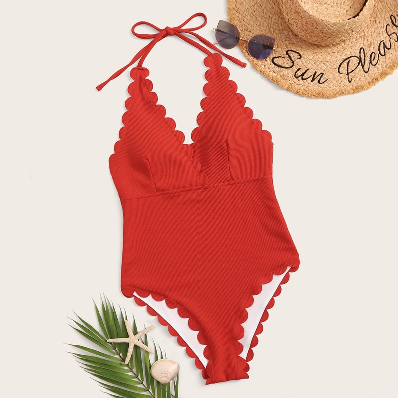 

Scallop Trim Halter One Piece Swimsuit, Red