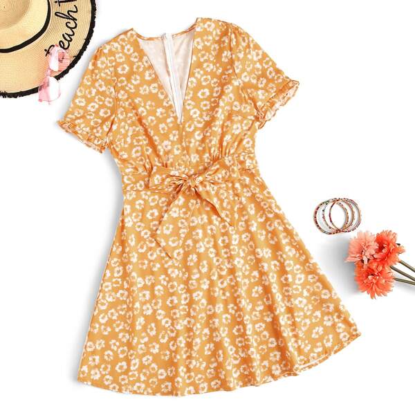 

V-neck Tie Front Floral Skater Dress, Orange