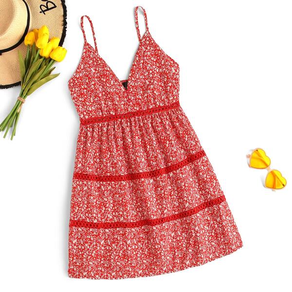 

Lace Insert Ditsy Floral Mini Cami Dress, Red