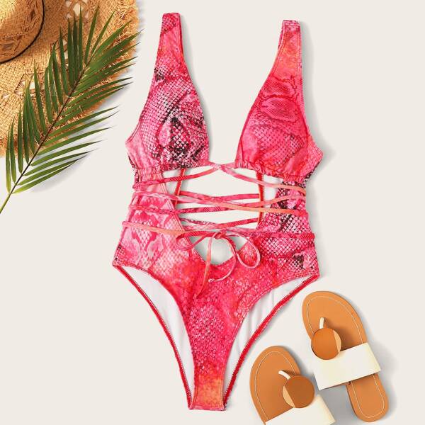 

Snakeskin Print Cut-out Plunging One Piece Swimsuit, Pink