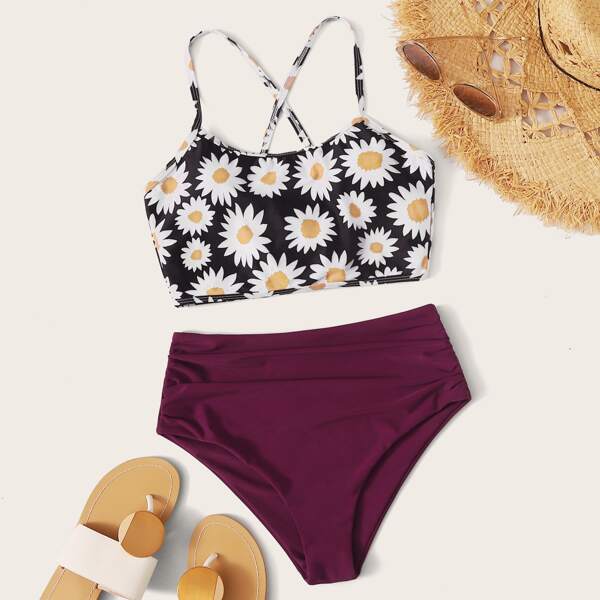 

Daisy Lace-up Back Ruched High Waist Bikini Swimsuit, Multicolor