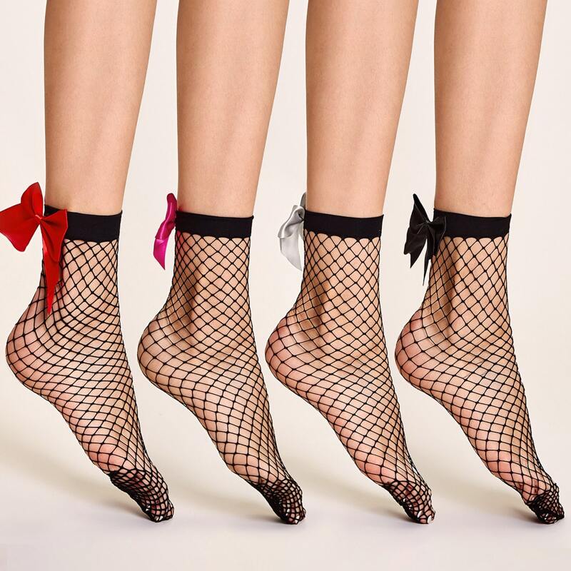 

4pairs Bow Decor Fishnet Socks, Black