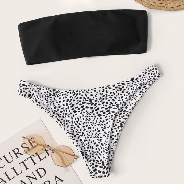 

Dalmatian Lace Up Bandeau High Waist Bikini Swimsuit, Black and white