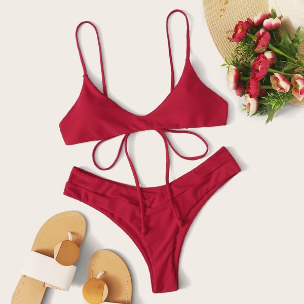 

Tie Back High Cut Bikini Swimsuit, Red