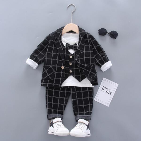 

Toddler Boys 4pcs Plaid Bow Front Dress Suit Set, Black