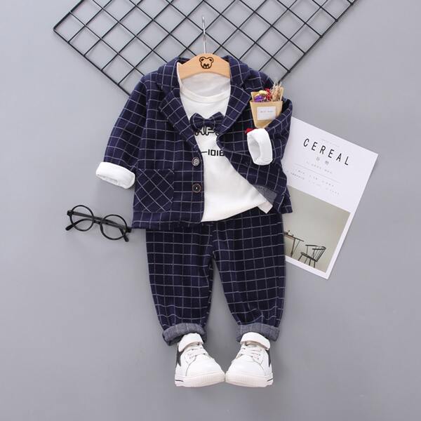 

Вечерний костюм с бантом в клетку для мальчиков 3шт, Тёмно-синие