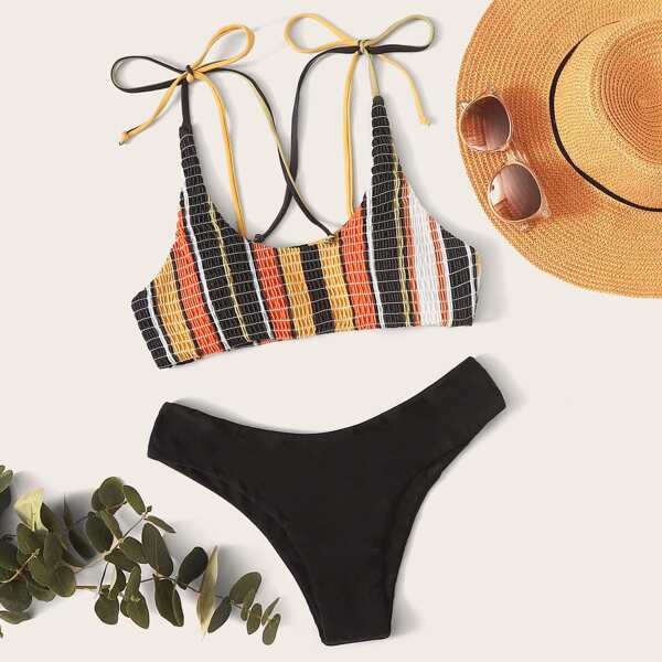 

Striped Smocked Tie Shoulder Bikini Swimsuit, Multicolor