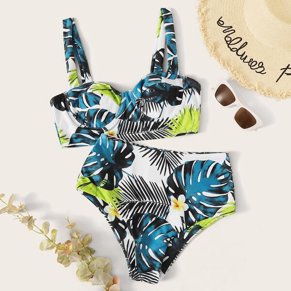 

Underwire Random Tropical High Waisted Bikini Swimsuit, Multicolor