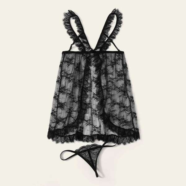 

Plus Eyelash Lace Dress With Thong, Black
