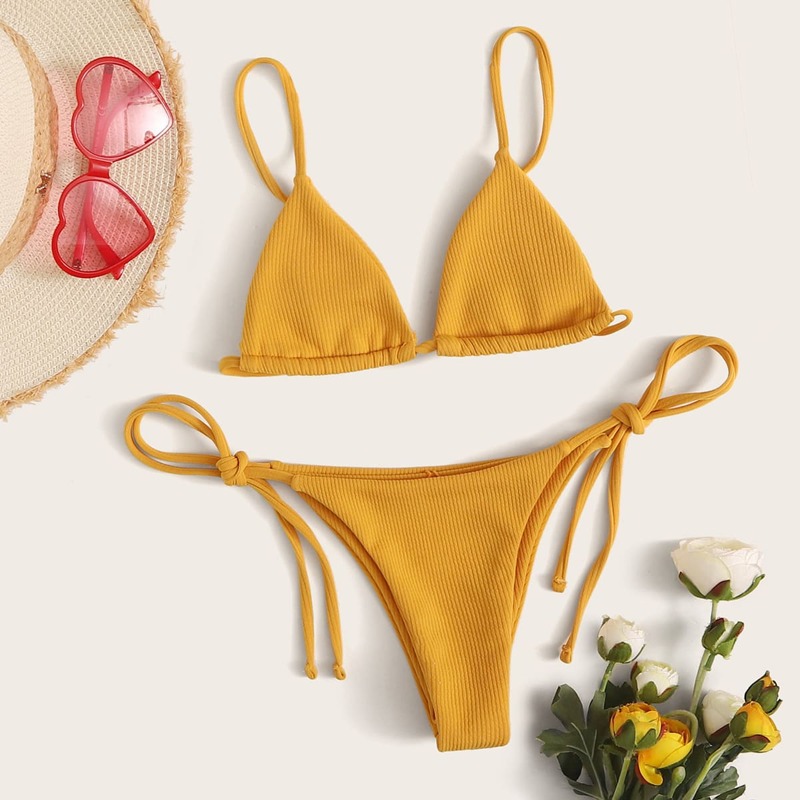 

Rib Triangle Top With Tie Side Bikini, Yellow