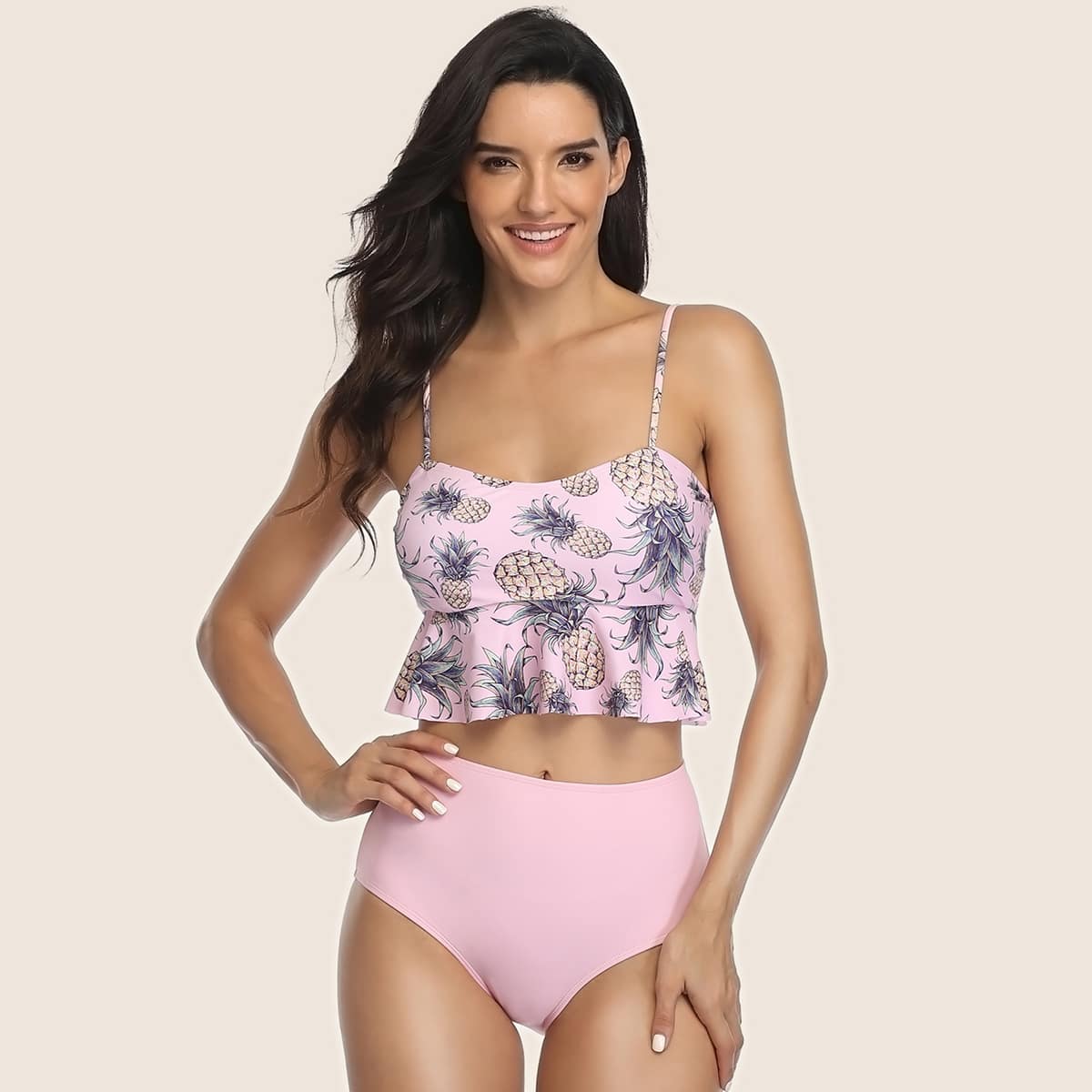 

Ruffle Random Pineapple High Waisted Bikini Swimsuit, Pink