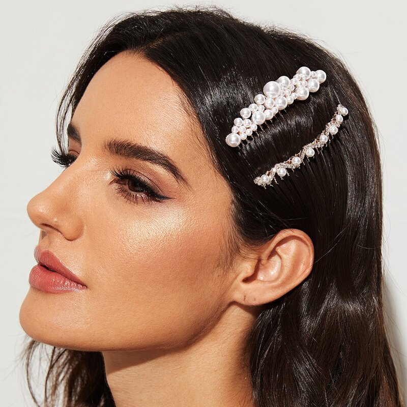 

2pcs Faux Pearl & Rhinestone Engraved Hair Pin, Gold