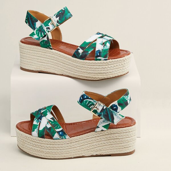 

Tropical Leaf Open Toe Platform Espadrille Sandals, Green