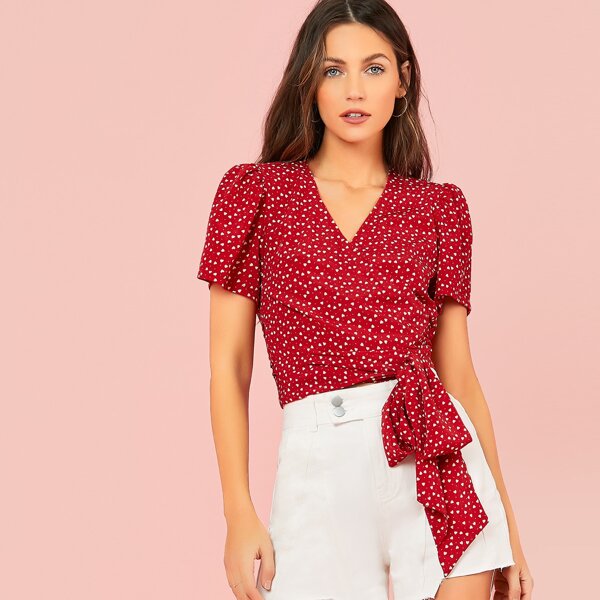 

Wrap Tie Front Puff Sleeve Heart Print Top, Red