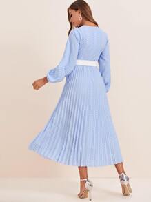 Modelyn 燈籠袖波卡圓點百褶洋裝帶腰帶 - 藍色 - 查看 2