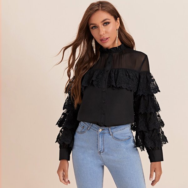 

Embroidered Mesh Trim Frilled Neckline Blouse, Black